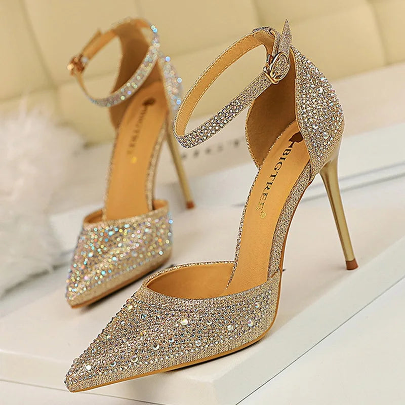 BIGTREE Shoes Shiny Rhinestones High Heels Ladies Shoes Women Pumps Stiletto Sweet Women Heels Wedding Shoes Women Sandals 10 Cm heels_stiletto