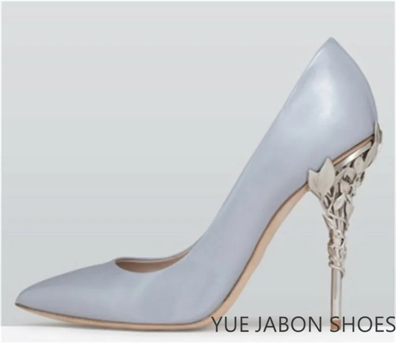 Luxury Leaves Metal Heel Pumps Women Shoes Pointed Toe Blue White Pink Black Silk Stiletto High Heels Wedding Bride Shoes 10cm heels_stiletto