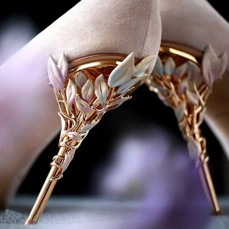 Luxury Leaves Metal Heel Pumps Women Shoes Pointed Toe Blue White Pink Black Silk Stiletto High Heels Wedding Bride Shoes 10cm heels_stiletto