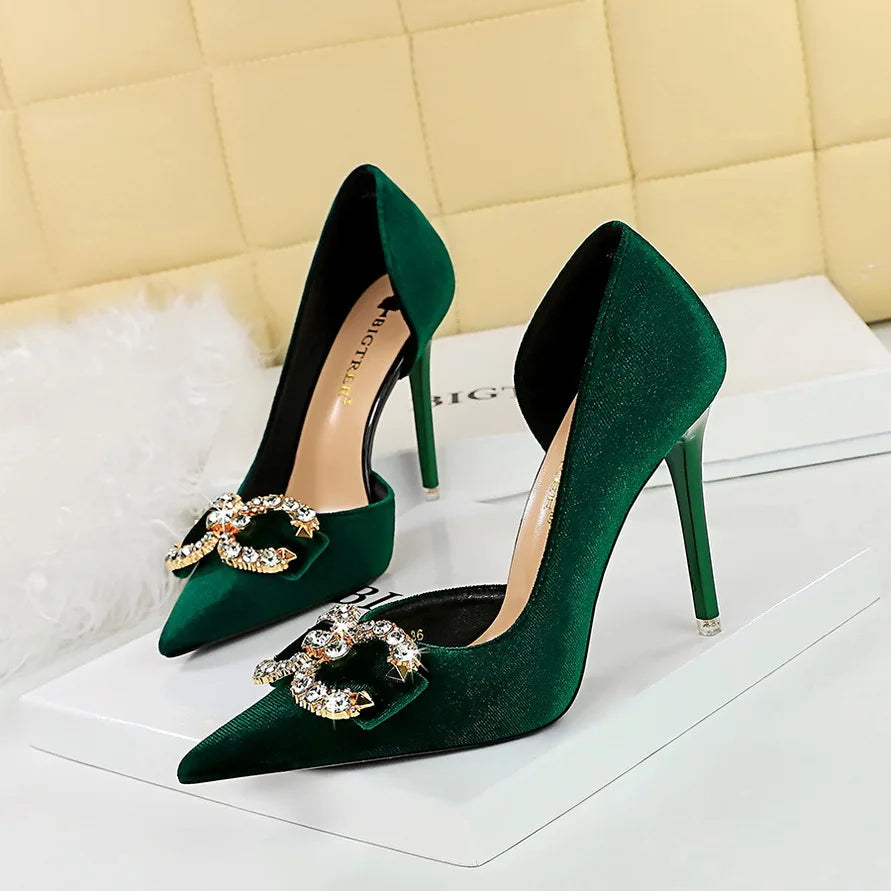 Faux Suede Wine Rhinestone Sandals New Women Green Shoes Pointed Toe Stiletto 7CM/10.5CM Heels heels_stiletto