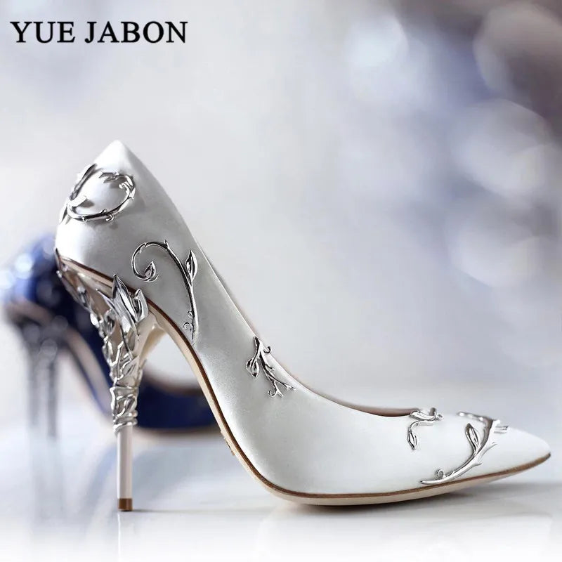 Luxury Leaves Metal Heel Pumps Women Shoes Pointed Toe Blue White Pink Black Silk Stiletto High Heels Wedding Bride Shoes 10cm heels_stiletto