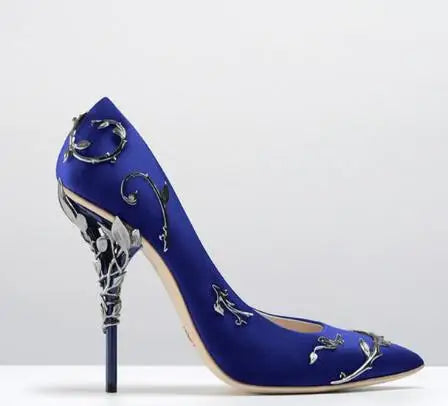 Luxury Leaves Metal Heel Pumps Women Shoes Pointed Toe Blue White Pink Black Silk Stiletto High Heels Wedding Bride Shoes 10cm heels_stiletto