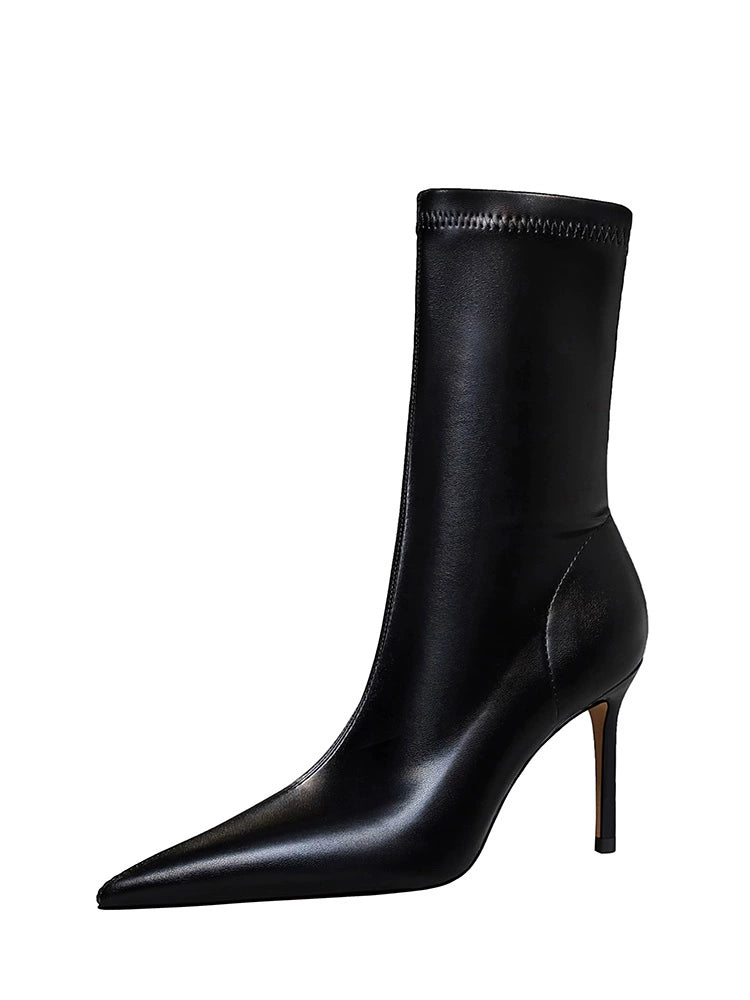 Patent Leather Spring And Autumn Stiletto Sexy Brown Middle Boots  boots_highheel