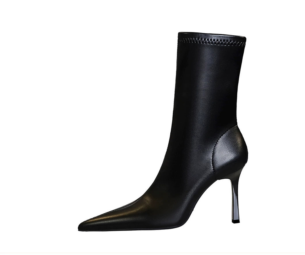 Fashion Minimalist Stiletto Heel Flats Pointed-Toe Skinny Middle Boots  boots_highheel