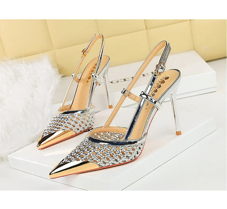Fashion hollow Weaving Women Pumps Metal pointed tip High Heels Stiletto 9.5 cm buckle Summer Women's high-heeled sandals Shoes heels_stiletto