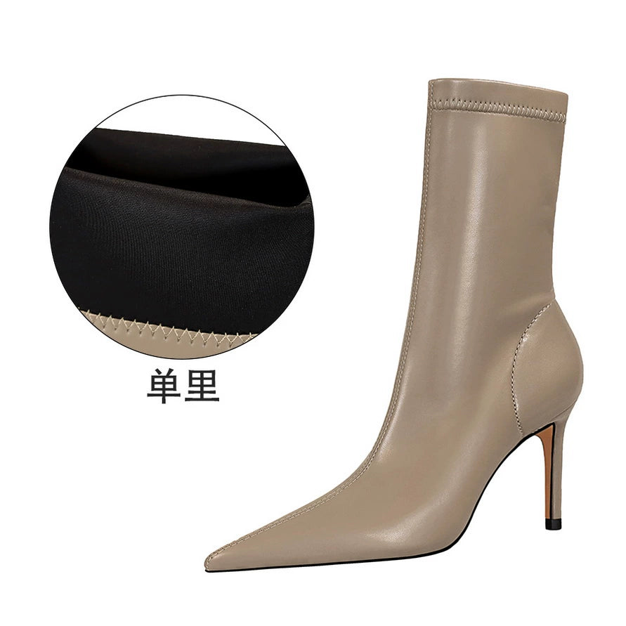 Patent Leather Spring And Autumn Stiletto Sexy Brown Middle Boots  boots_highheel
