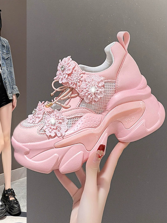 Thick Sole Cut Out Dad Shoes Women's Sandals Closed Toe 2025 Summer Breathable Mesh Shoes Flowers Super Light White Shoes sneakers_platform