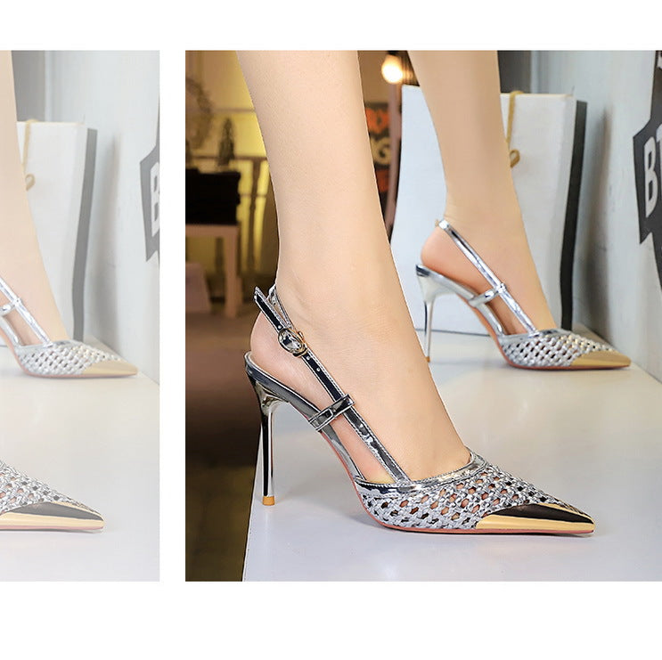 Fashion hollow Weaving Women Pumps Metal pointed tip High Heels Stiletto 9.5 cm buckle Summer Women's high-heeled sandals Shoes heels_stiletto