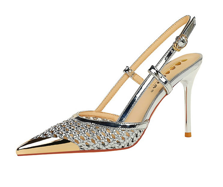 Fashion hollow Weaving Women Pumps Metal pointed tip High Heels Stiletto 9.5 cm buckle Summer Women's high-heeled sandals Shoes heels_stiletto