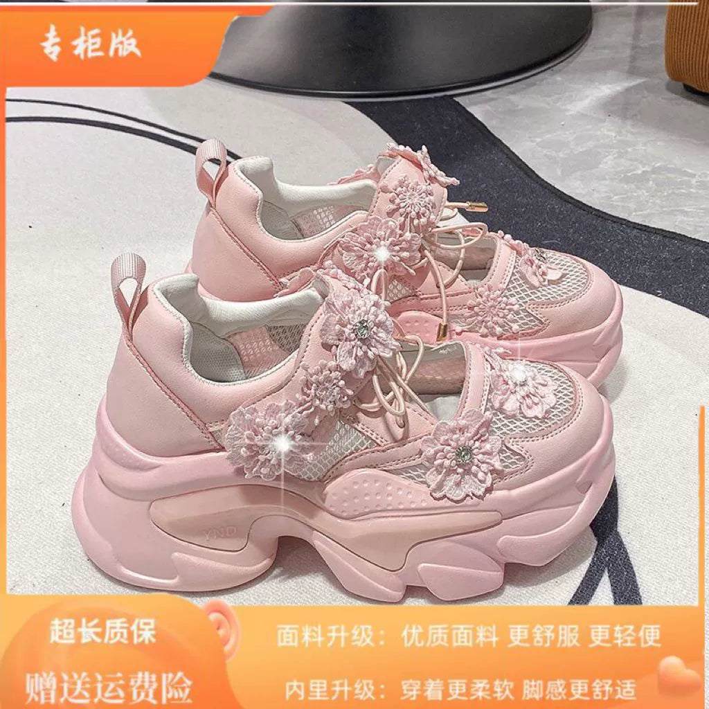 European Station Mesh Breathable Flower Lace Dad Shoes sneakers_platform