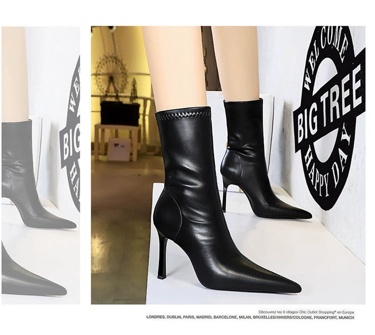 Fashion Minimalist Stiletto Heel Flats Pointed-Toe Skinny Middle Boots  boots_highheel