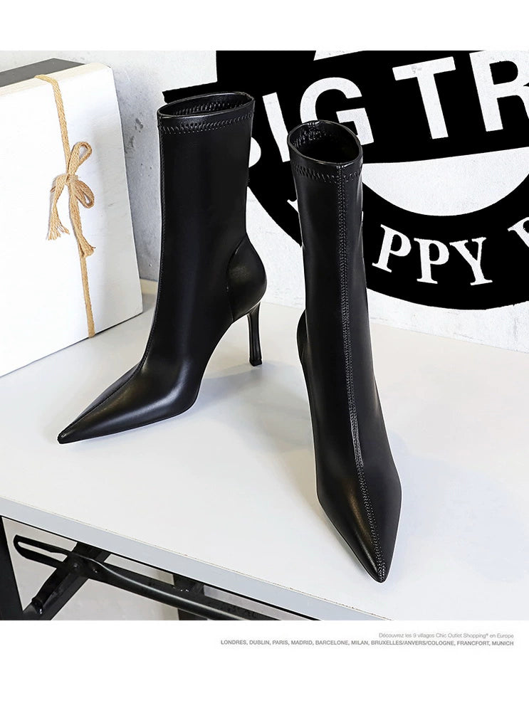 Fashion Minimalist Stiletto Heel Flats Pointed-Toe Skinny Middle Boots  boots_highheel