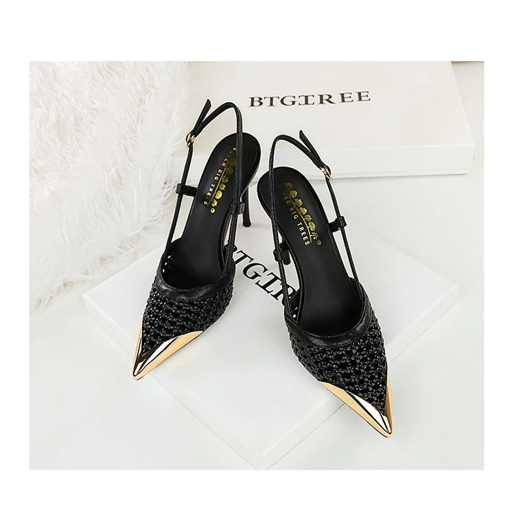 Fashion hollow Weaving Women Pumps Metal pointed tip High Heels Stiletto 9.5 cm buckle Summer Women's high-heeled sandals Shoes heels_stiletto