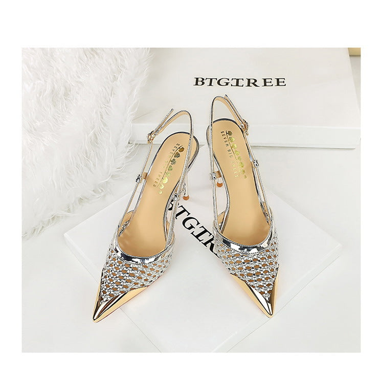 Fashion hollow Weaving Women Pumps Metal pointed tip High Heels Stiletto 9.5 cm buckle Summer Women's high-heeled sandals Shoes heels_stiletto