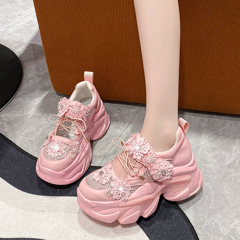 European Station Mesh Breathable Flower Lace Dad Shoes sneakers_platform