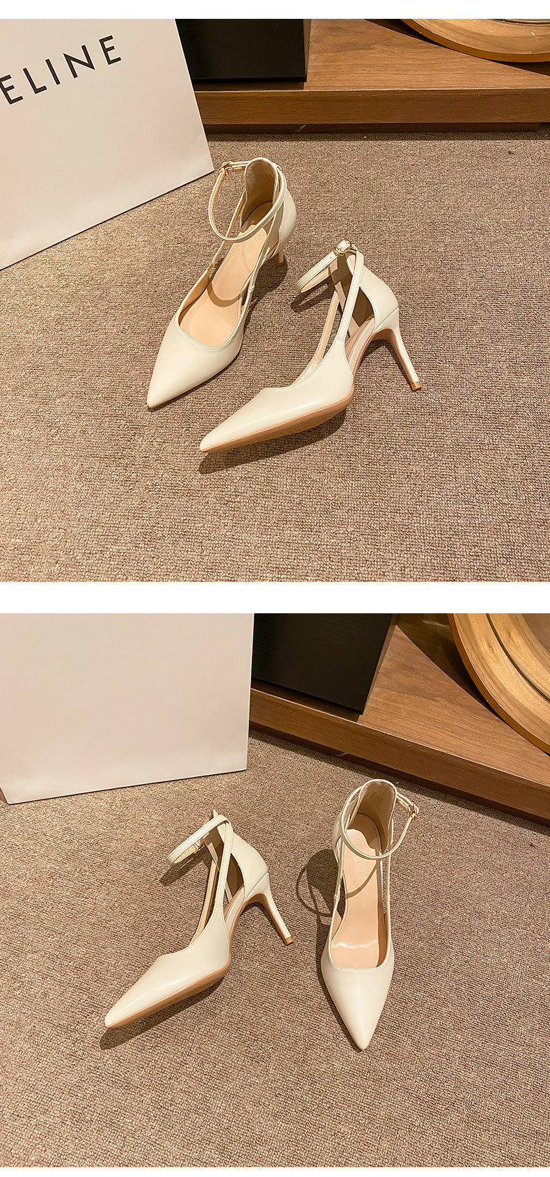 Ankle Strap Pointed Toe Women Slingback Pumps Black Matte Leather Hollow Stiletto High Heels Sandals 6CM and 8CM heels_stiletto