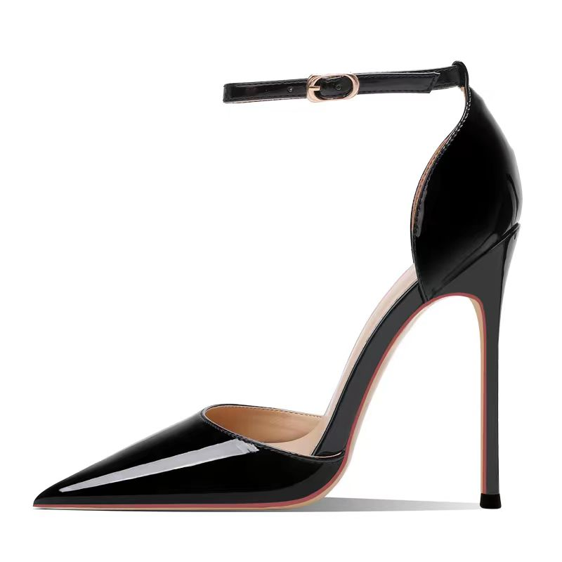 Black Patent Leather Hollow Buckle Strap Super High Heels Sandals Women Pointed Toe Stiletto Sexy 2025 New Arrival Spring & Fall heels_stiletto