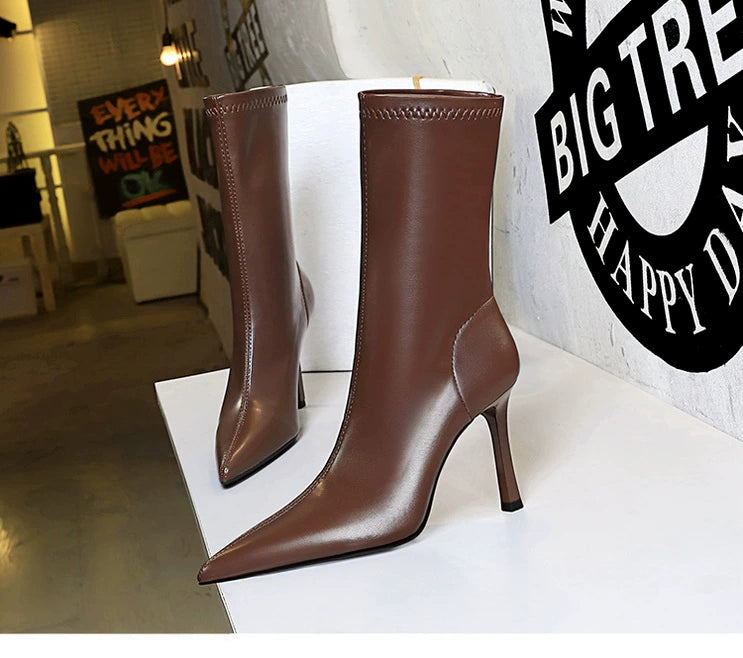 Fashion Minimalist Stiletto Heel Flats Pointed-Toe Skinny Middle Boots  boots_highheel