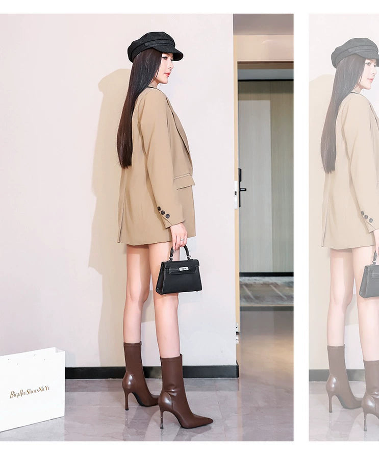 Fashion Minimalist Stiletto Heel Flats Pointed-Toe Skinny Middle Boots  boots_highheel