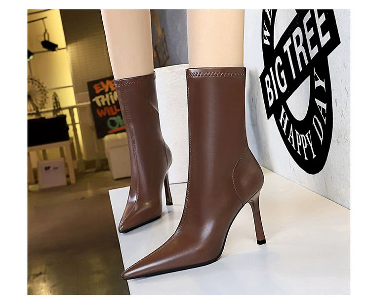 Fashion Minimalist Stiletto Heel Flats Pointed-Toe Skinny Middle Boots  boots_highheel