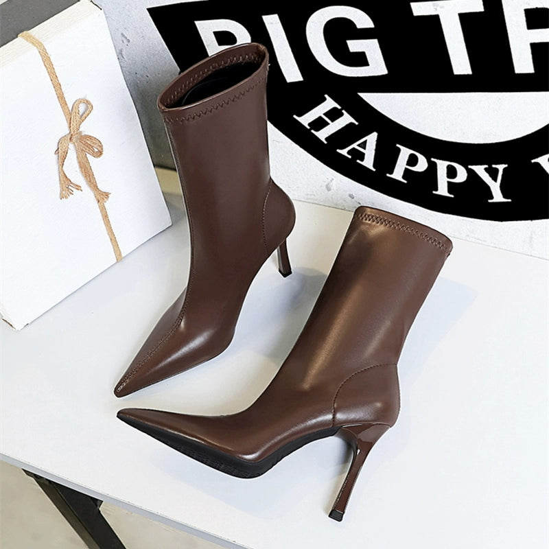 Fashion Minimalist Stiletto Heel Flats Pointed-Toe Skinny Middle Boots  boots_highheel