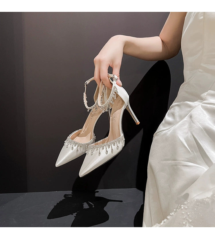 White Main Wedding Shoes Satin Flats Buckle High Heels Elegant Hollowed Sandals Plus Size Women's Shoes 41-43 heels_bridal