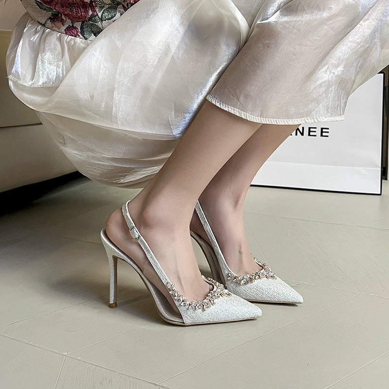 2025 Spring and Summer Pointed Toe Low-Cut Toe Cap Slingback Sandals Women's Stiletto Heel White Beautiful French Rhinestone Classy High Heels heels_bridal