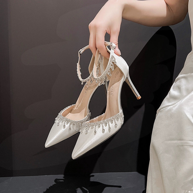 White Main Wedding Shoes Satin Flats Buckle High Heels Elegant Hollowed Sandals Plus Size Women's Shoes 41-43 heels_bridal