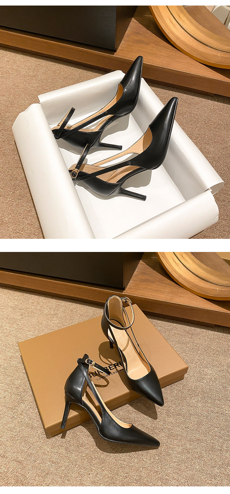 Ankle Strap Pointed Toe Women Slingback Pumps Black Matte Leather Hollow Stiletto High Heels Sandals 6CM and 8CM heels_stiletto