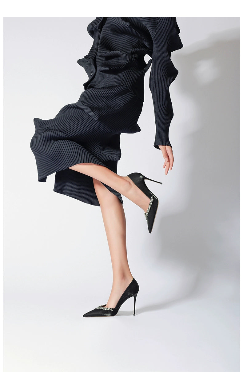 Adult Lady like Woman Black Refined Grace Crystal High Heels Women 2025 New Arrival Women Pointed Toe Stiletto Heel Internet Celebrity Burst Flats Flats OL heels_stiletto