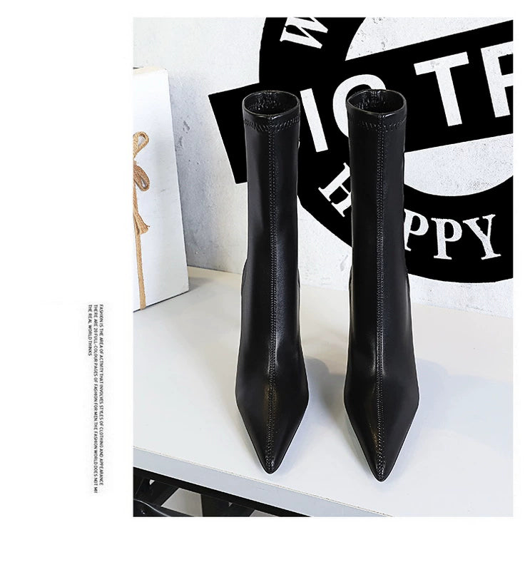 Fashion Minimalist Stiletto Heel Flats Pointed-Toe Skinny Middle Boots  boots_highheel