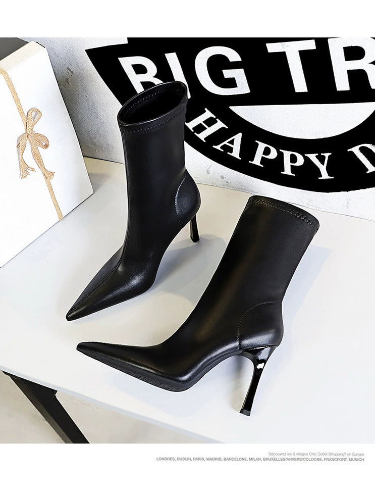 Fashion Minimalist Stiletto Heel Flats Pointed-Toe Skinny Middle Boots  boots_highheel