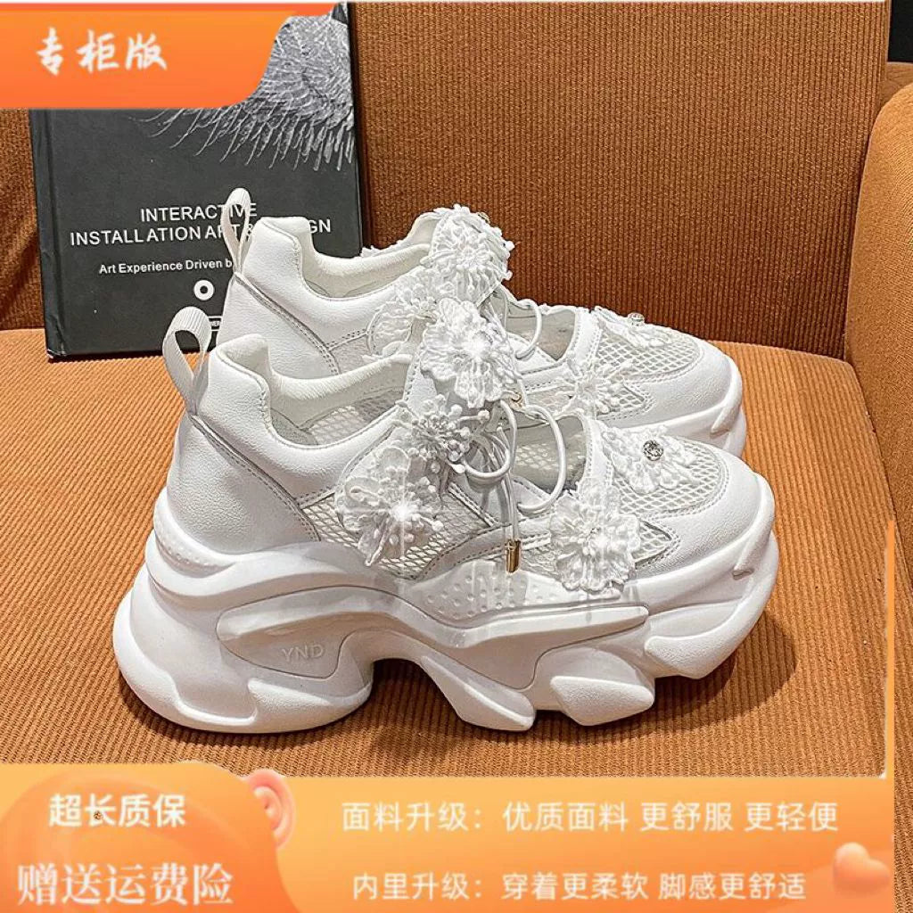 European Station Mesh Breathable Flower Lace Dad Shoes sneakers_platform