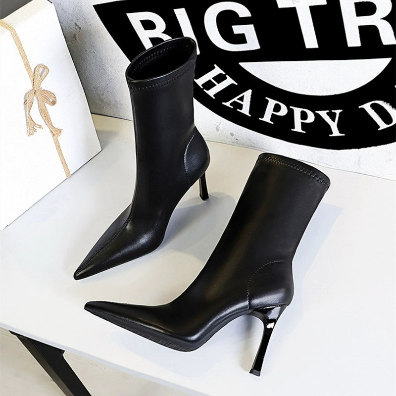 Fashion Minimalist Stiletto Heel Flats Pointed-Toe Skinny Middle Boots  boots_highheel