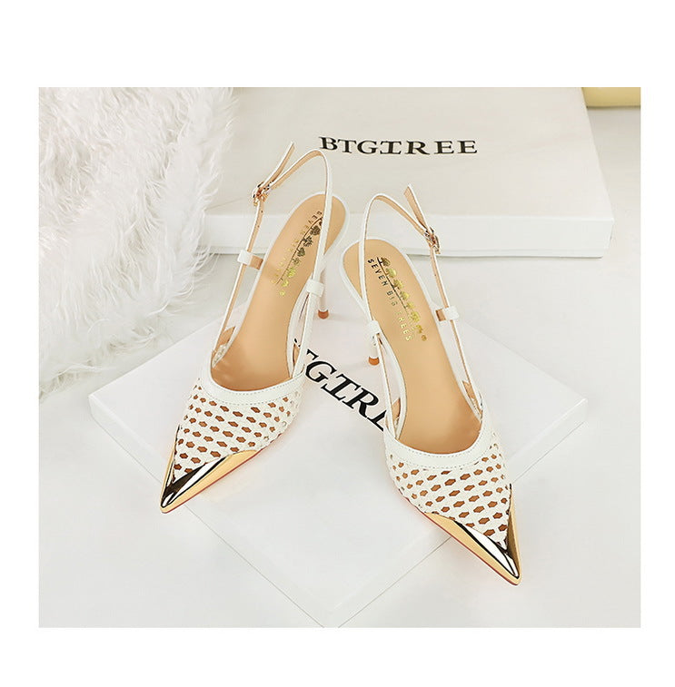 Fashion hollow Weaving Women Pumps Metal pointed tip High Heels Stiletto 9.5 cm buckle Summer Women's high-heeled sandals Shoes heels_stiletto