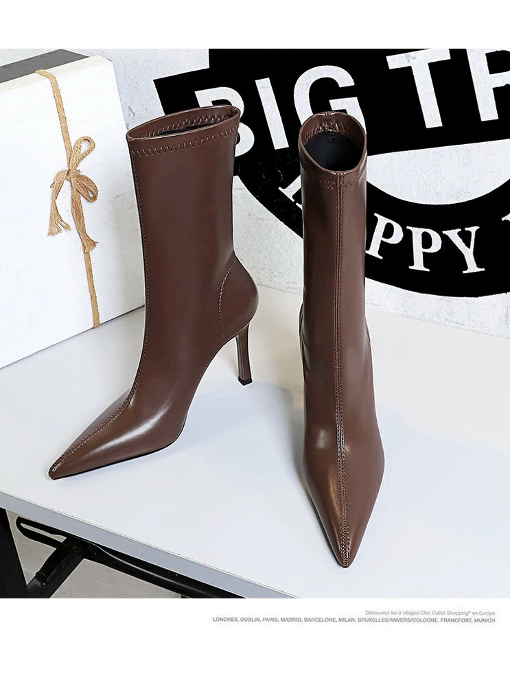 Fashion Minimalist Stiletto Heel Flats Pointed-Toe Skinny Middle Boots  boots_highheel