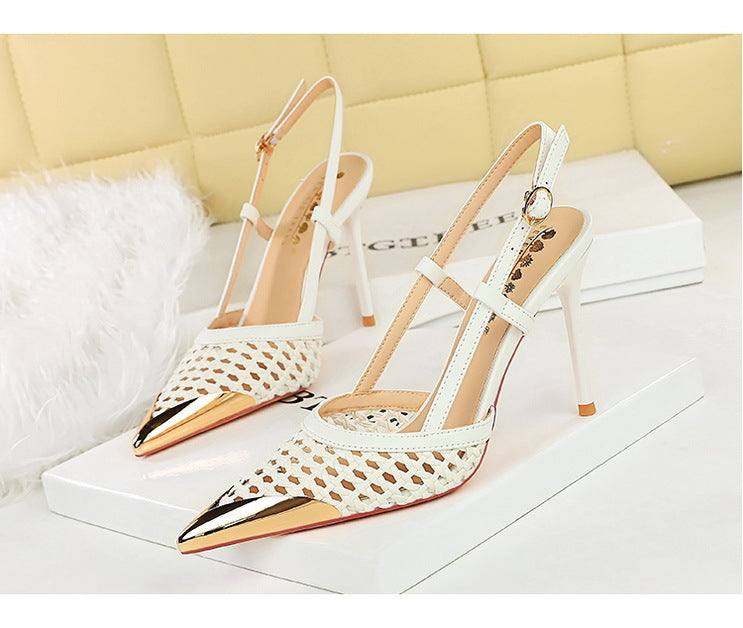 Fashion hollow Weaving Women Pumps Metal pointed tip High Heels Stiletto 9.5 cm buckle Summer Women's high-heeled sandals Shoes heels_stiletto