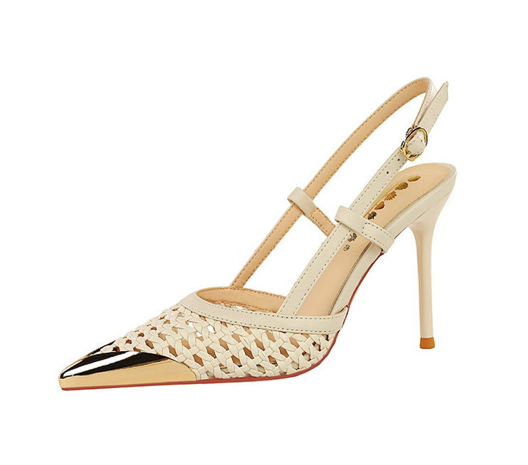 Fashion hollow Weaving Women Pumps Metal pointed tip High Heels Stiletto 9.5 cm buckle Summer Women's high-heeled sandals Shoes heels_stiletto