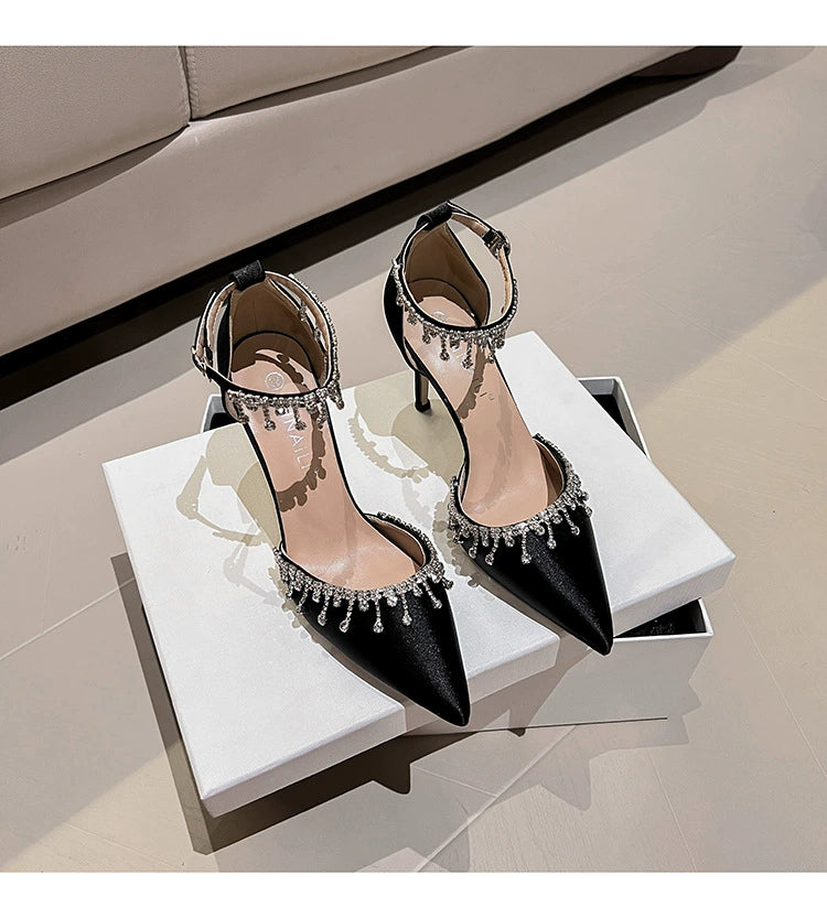 White Main Wedding Shoes Satin Flats Buckle High Heels Elegant Hollowed Sandals Plus Size Women's Shoes 41-43 heels_bridal