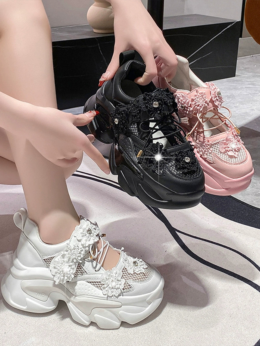 Thick Sole Cut Out Dad Shoes Women's Sandals Closed Toe 2025 Summer Breathable Mesh Shoes Flowers Super Light White Shoes sneakers_platform