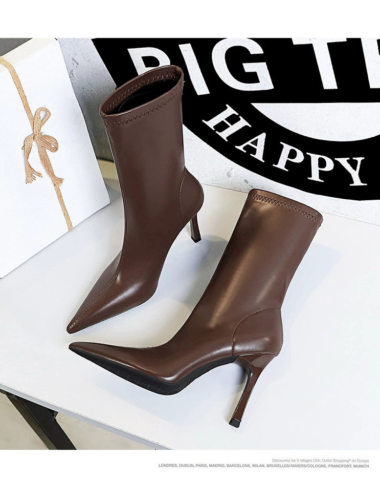 Fashion Minimalist Stiletto Heel Flats Pointed-Toe Skinny Middle Boots  boots_highheel