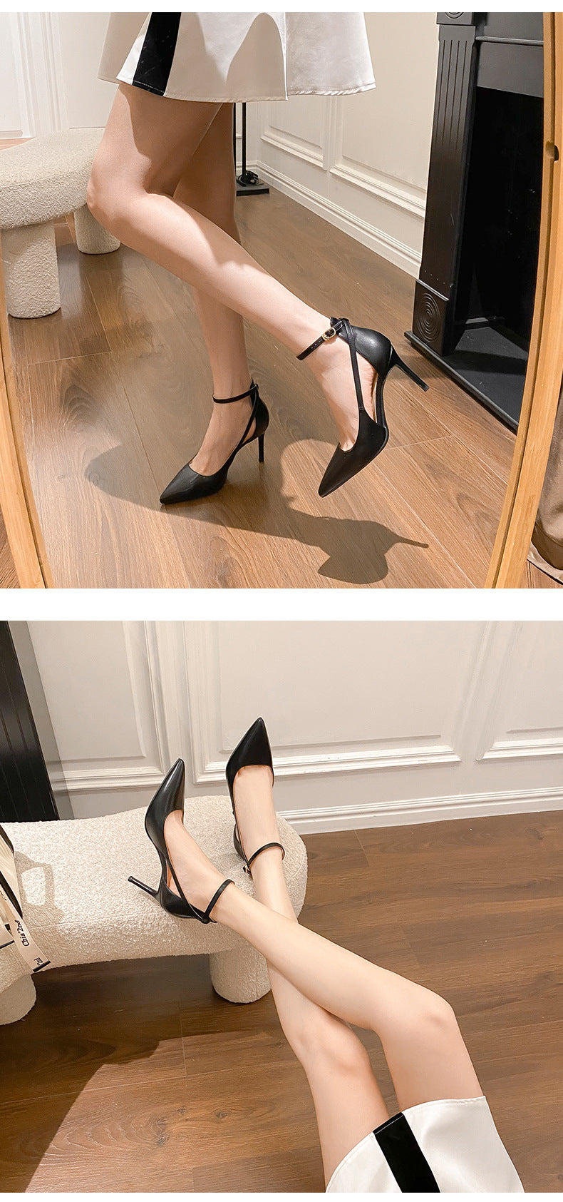 Ankle Strap Pointed Toe Women Slingback Pumps Black Matte Leather Hollow Stiletto High Heels Sandals 6CM and 8CM heels_stiletto