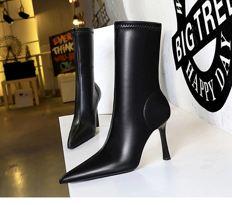 Fashion Minimalist Stiletto Heel Flats Pointed-Toe Skinny Middle Boots  boots_highheel