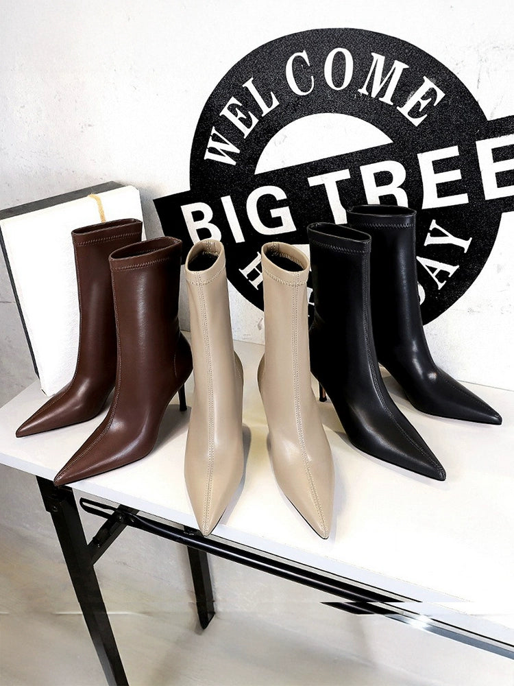 Brown Spring and Autumn Stiletto Retro plus Size Mid Short Boots boots_highheel