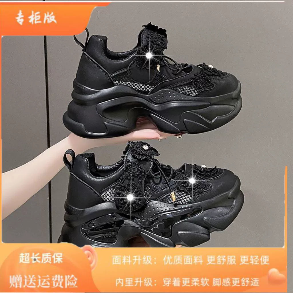 European Station Mesh Breathable Flower Lace Dad Shoes sneakers_platform
