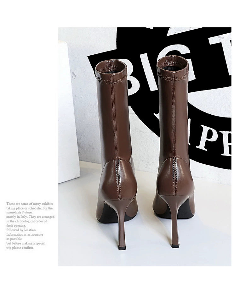 Fashion Minimalist Stiletto Heel Flats Pointed-Toe Skinny Middle Boots  boots_highheel