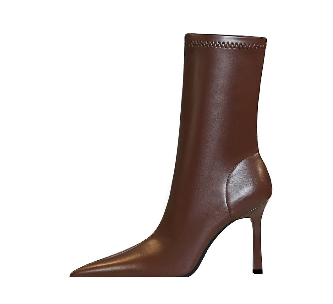 Fashion Minimalist Stiletto Heel Flats Pointed-Toe Skinny Middle Boots  boots_highheel