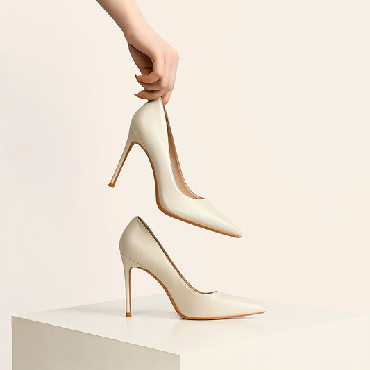 Creamy-white High Heels Women's Summer 2025 New Arrival Accessible Luxury Genuine Leather Soft Bottom Not Tired Feet Stiletto Heel French Style Temperament Work Shoes