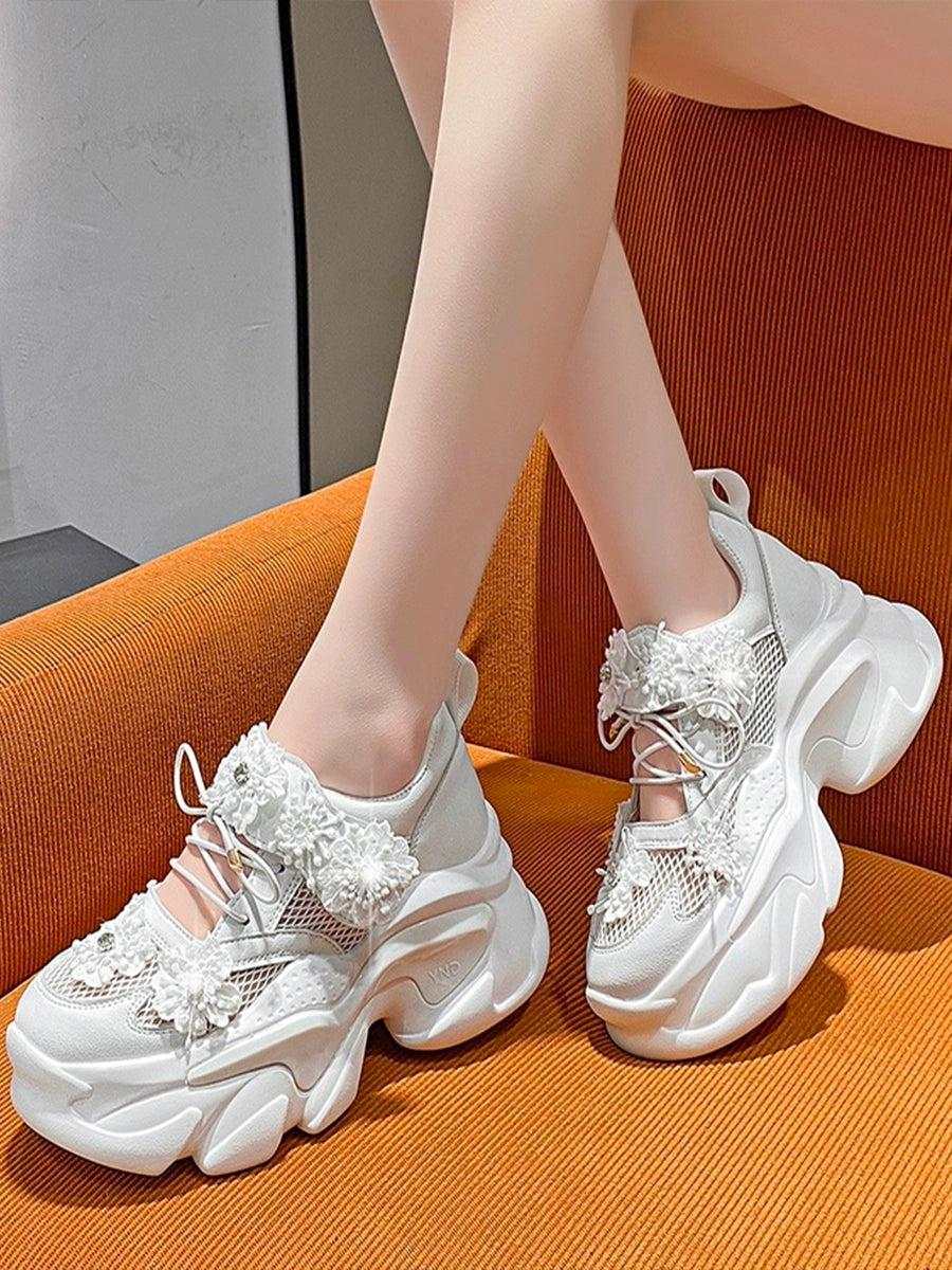 Closed Toe Sandals Summer Dad Shoes Women's 2024 New Arrival Flower Mesh Surface Hollowed Breathable Easiest for Match Thick Sole Sneaker sneakers_platform