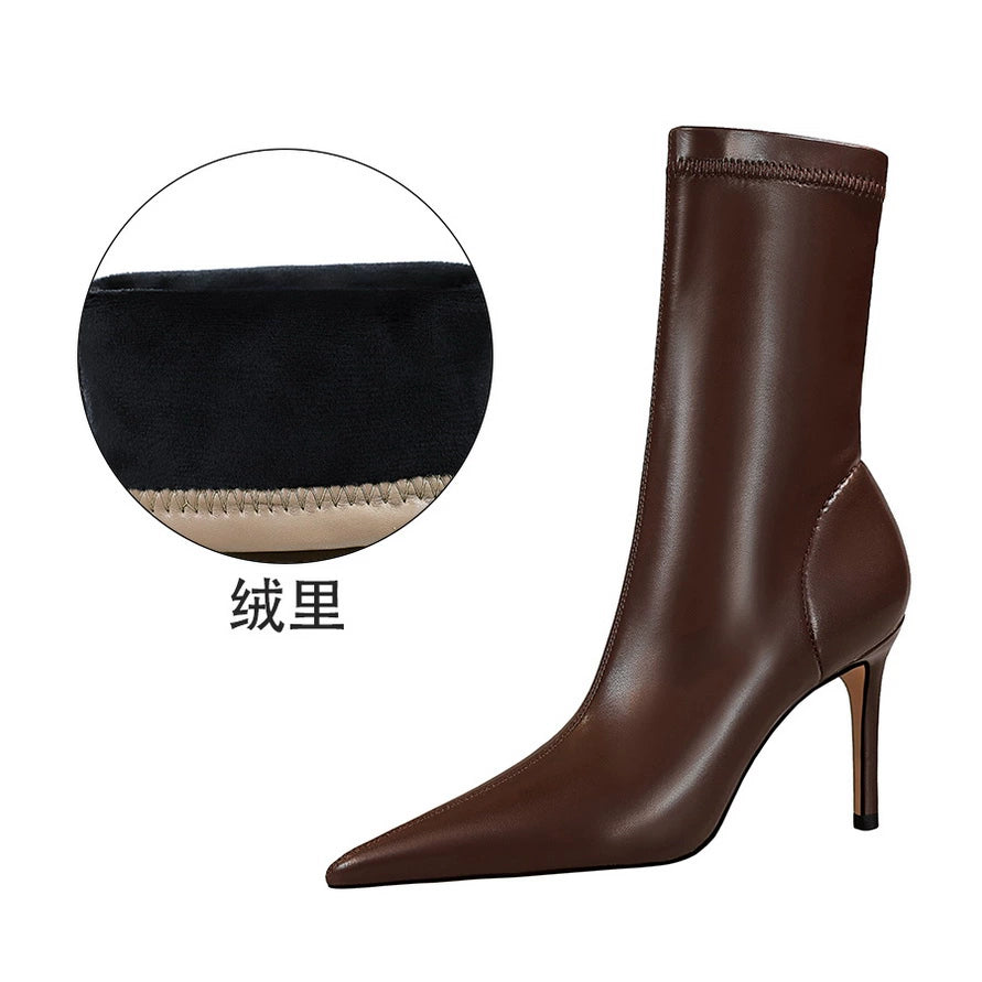 Patent Leather Spring And Autumn Stiletto Sexy Brown Middle Boots  boots_highheel